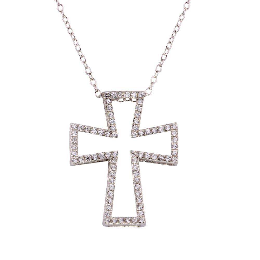 Rhodium Plated 925 Sterling Silver Open Cross Necklace with CZ - STP01597