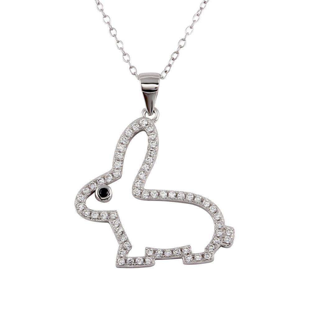 Rhodium Plated 925 Sterling Silver Open Rabbit Pendant with CZ - STP01598