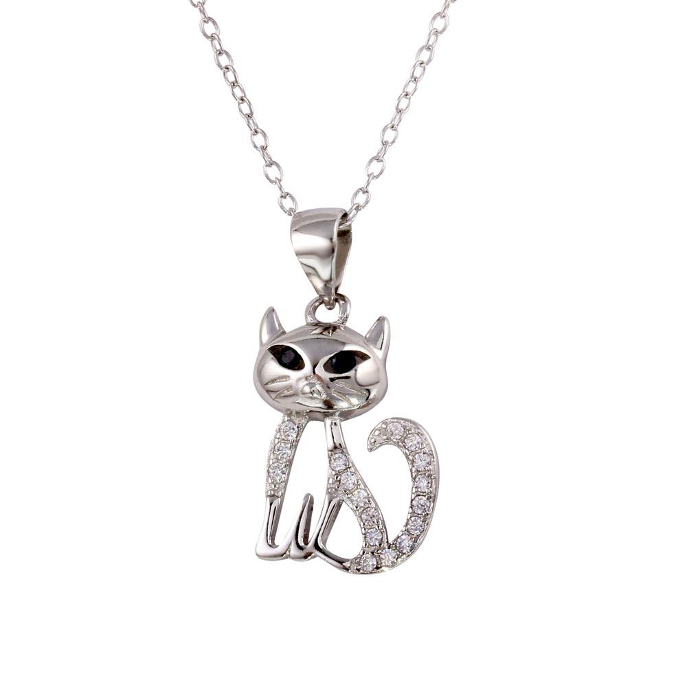 Rhodium Plated 925 Sterling Silver Small Cat Pendant with CZ - STP01599