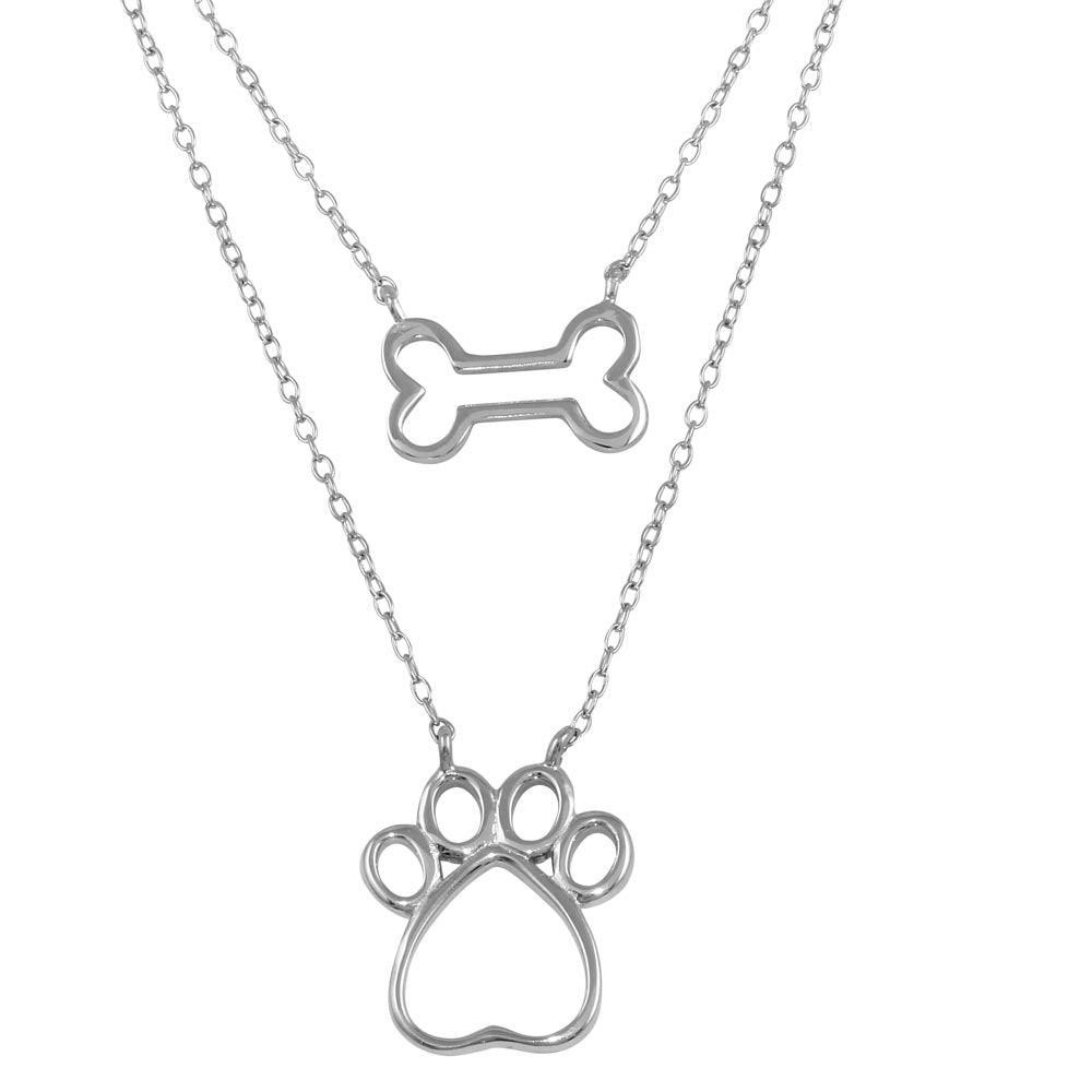 Rhodium Plated 925 Sterling Silver Two Piece Dog Bone and Paw Necklace - STP01603