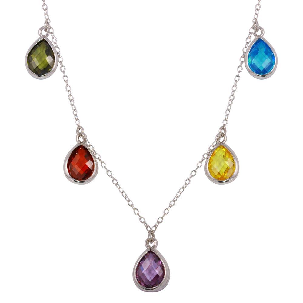 Rhodium Plated 925 Sterling Silver Multi-Colored Teardrop Necklace - STP01605