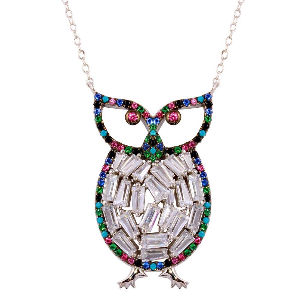 Rhodium Plated 925 Sterling Silver Multi-Colored Owl Pendant with CZ - STP01607