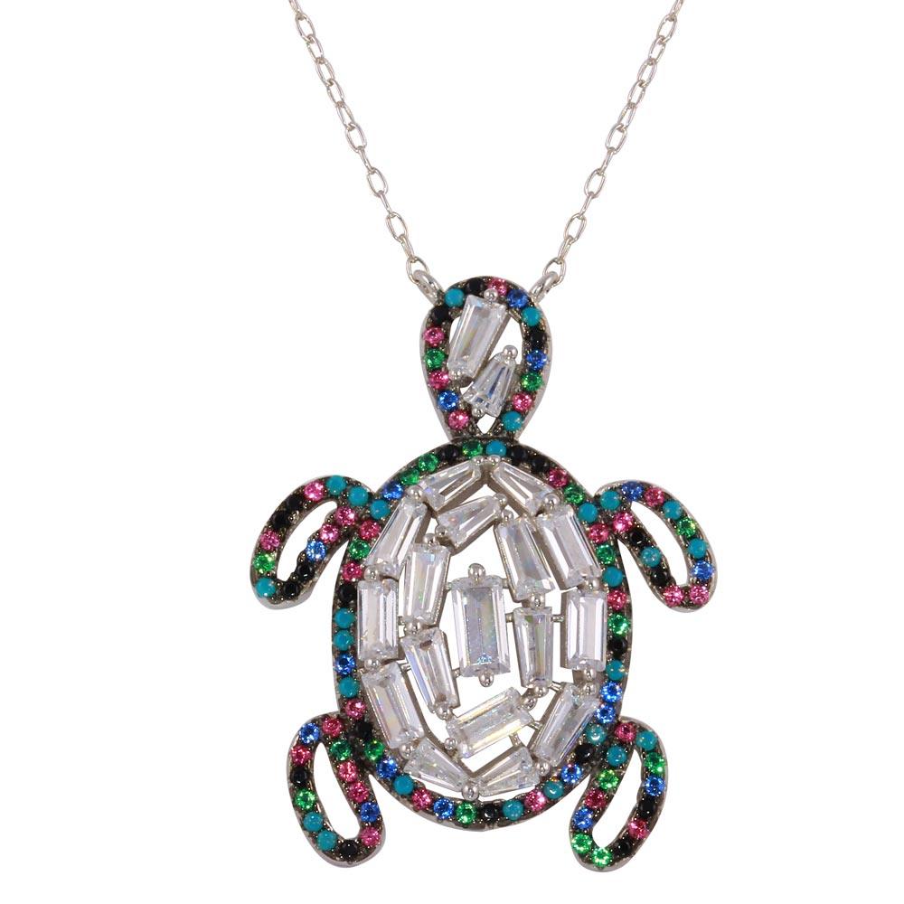 Rhodium Plated 925 Sterling Silver Multi-Colored Turtle Pendant with CZ - STP01608