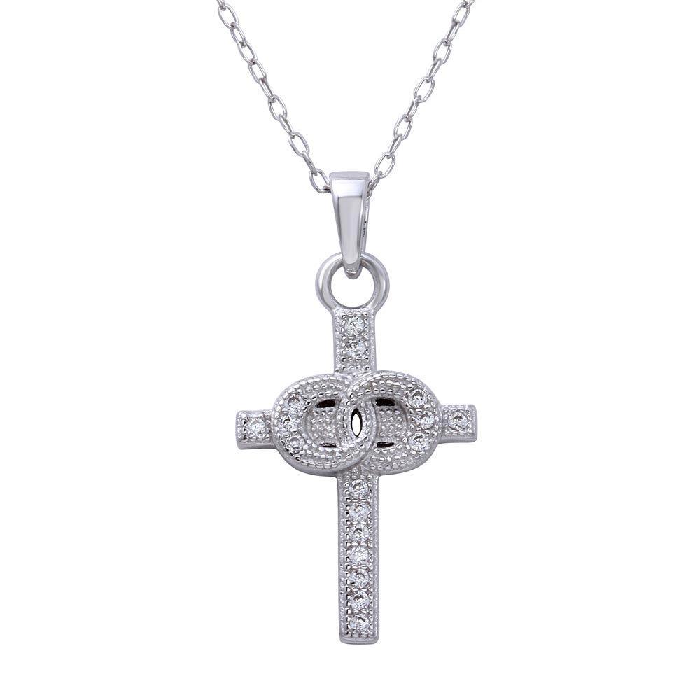 Rhodium Plated 925 Sterling Silver Small Cross Pendant with Linked Rings Center and CZ - STP01615