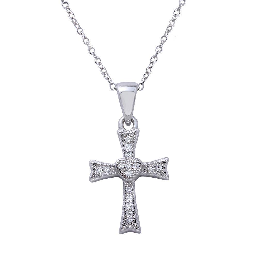 Rhodium Plated 925 Sterling Silver Small Cross Pendant with Heart Center and CZ - STP01617