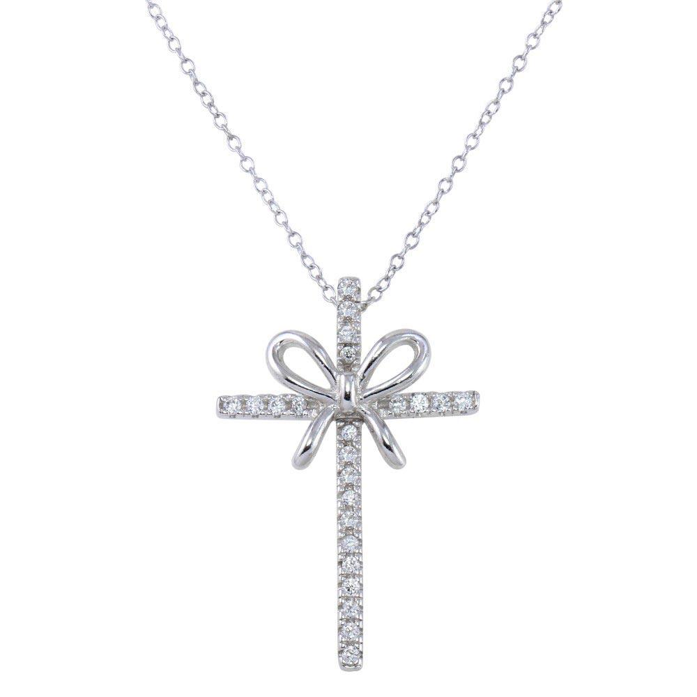 Rhodium Plated 925 Sterling Silver Ribbon Cross Pendant Necklace with CZ - STP01619