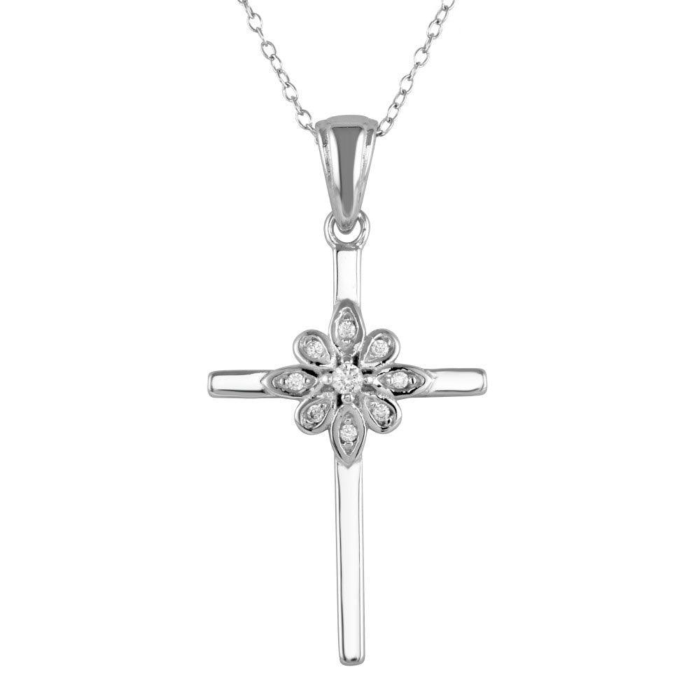 Rhodium Plated 925 Sterling Silver Cross and Flower Pendant Necklace with CZ - STP01621