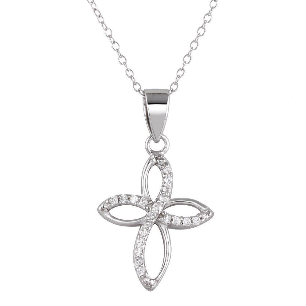 Rhodium Plated 925 Sterling Silver Open Cross Pendant Necklace with CZ - STP01622