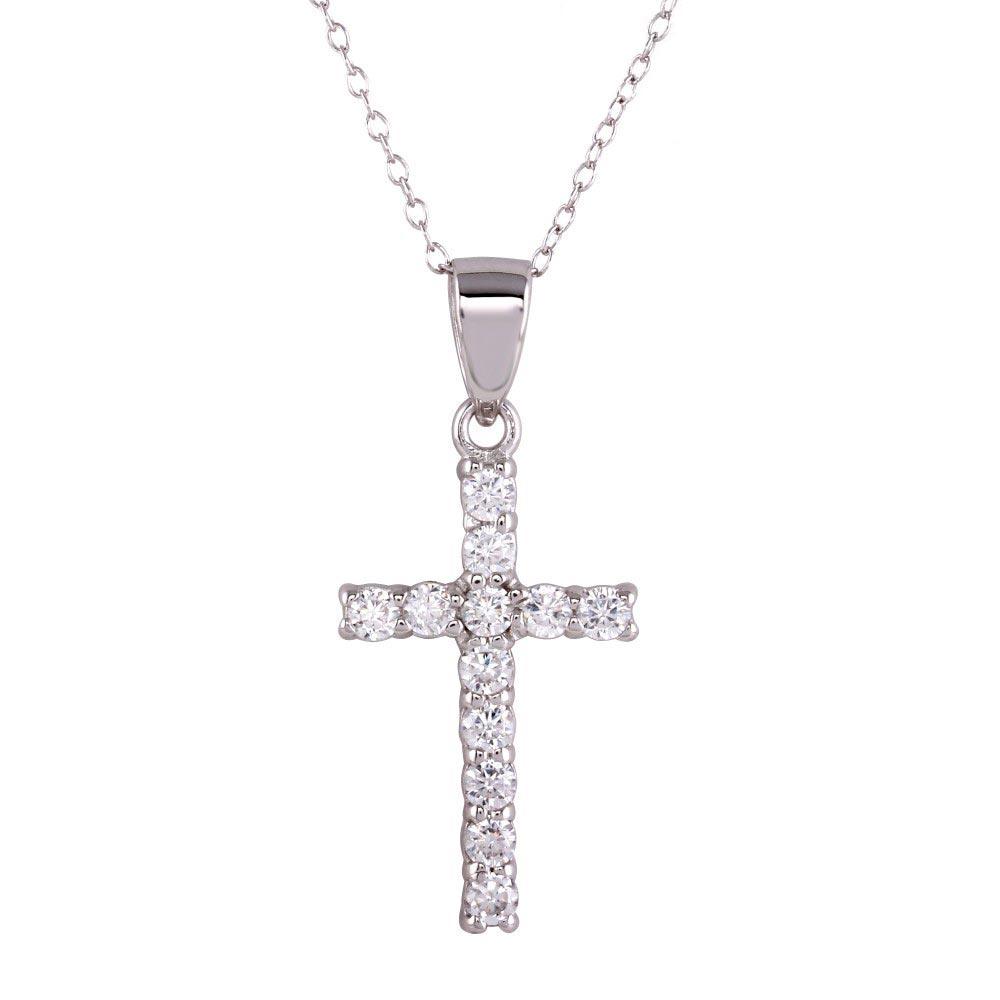 Rhodium Plated 925 Sterling Silver CZ Cross Pendant Necklace - STP01624