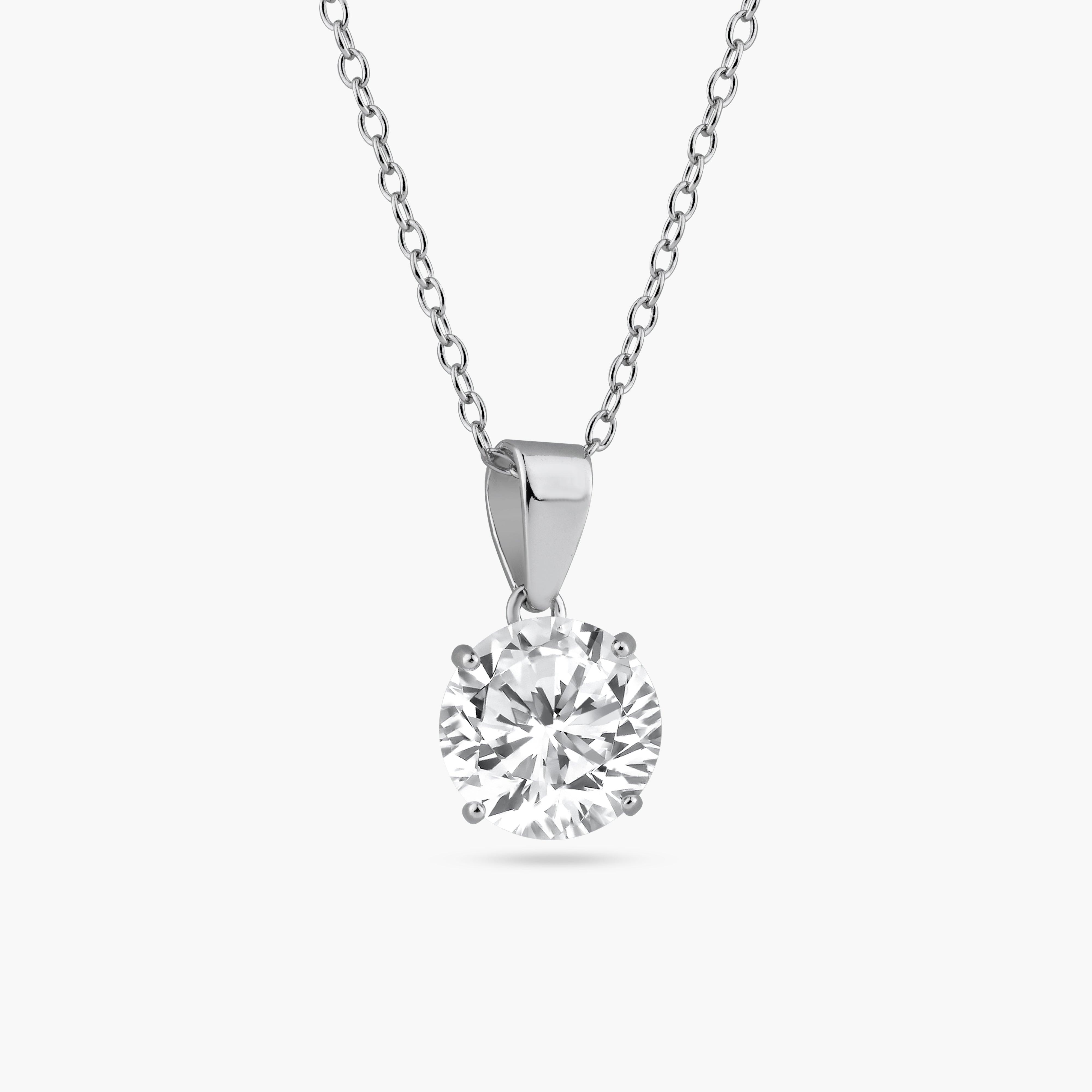 Rhodium Plated 925 Sterling Silver Round Clear CZ Solitaire Necklace - STP01628RH