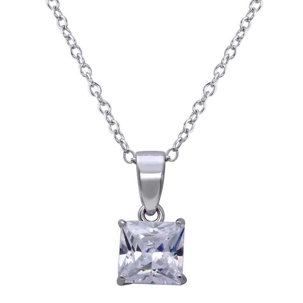 Rhodium Plated 925 Sterling Silver Square Clear CZ Solitaire Necklace - STP01629RH