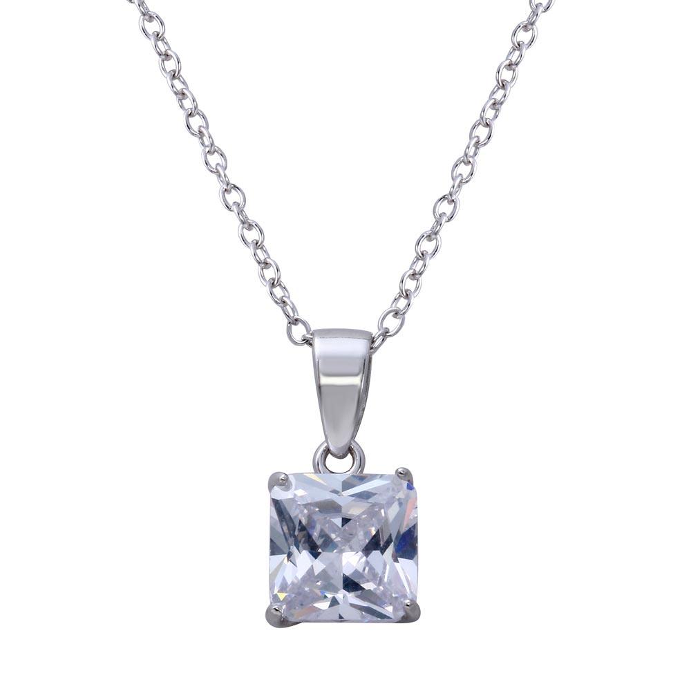 Rhodium Plated 925 Sterling Silver Clear Square CZ Solitaire Necklace - STP01630RH