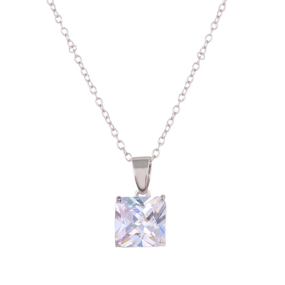 Rhodium Plated 925 Sterling Silver Square CZ Solitaire Necklace - STP01631RH