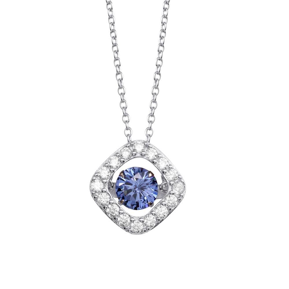 Rhodium Plated 925 Sterling Silver Open Square Pendant Necklace with Dancing CZ Stones - STP01633BLU