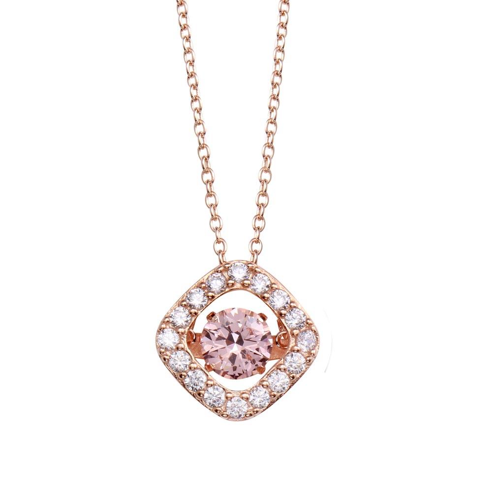 Rose Gold Plated 925 Sterling Silver Open Square Pendant Necklace with Dancing Pink CZ Stone - STP01633RGP