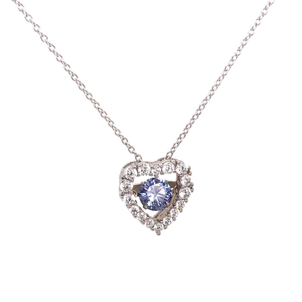 Rhodium Plated 925 Sterling Silver Open Heart CZ Pendant Necklace with Dancing CZ - STP01634BLU