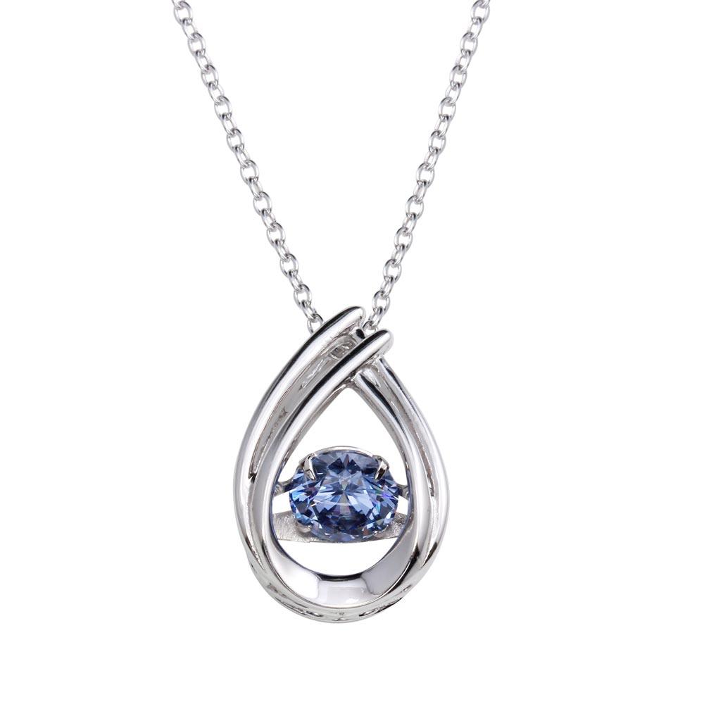 Rhodium Plated 925 Sterling Silver Open Teardrop Pendant Necklace with Dancing Blue CZ - STP01637BLU