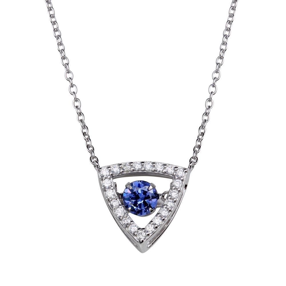 Rhodium Plated 925 Sterling Silver Open Triangle Pendant Necklace with Dancing CZ - STP01639BLU