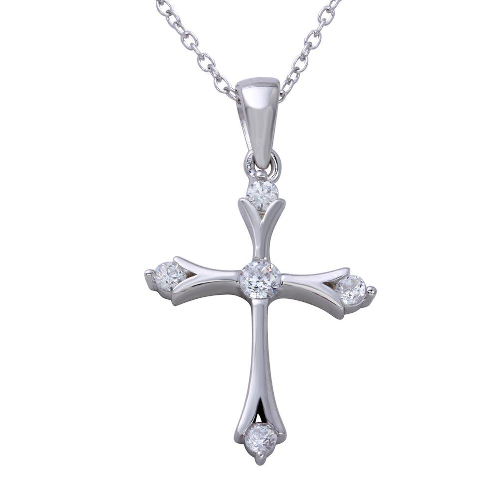 Rhodium Plated 925 Sterling Silver Medium Cross Pendant Necklace with CZ Stones - STP01645