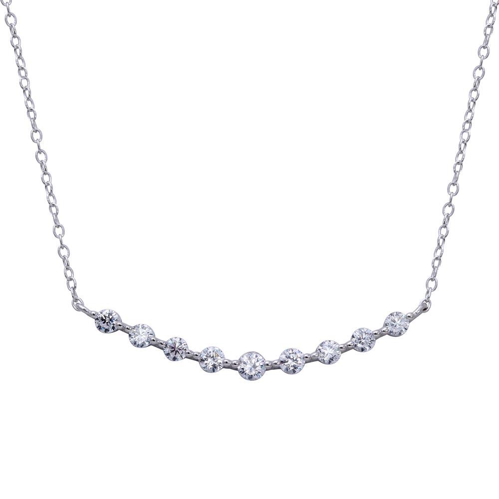 Rhodium Plated 925 Sterling Silver Curved Bar Pendant Necklace with CZ - STP01647