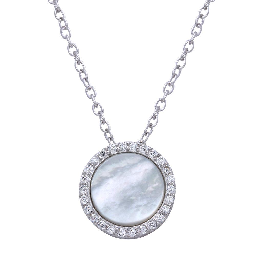 Rhodium Plated 925 Sterling Silver Round Opal Pendant Necklace with CZ - STP01649CLR