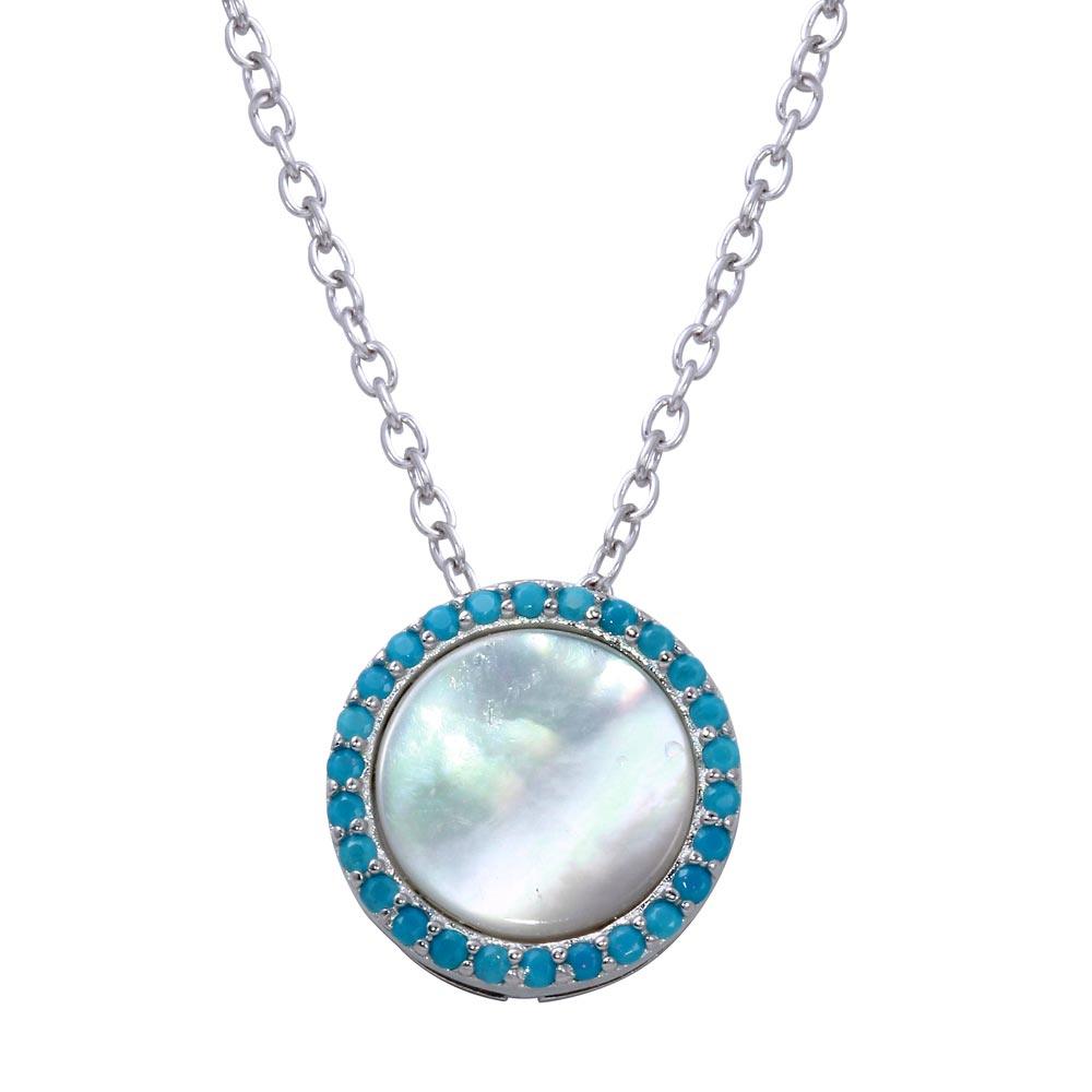 Rhodium Plated 925 Sterling Silver Round Opal Pendant Necklace with CZ - STP01649BLU