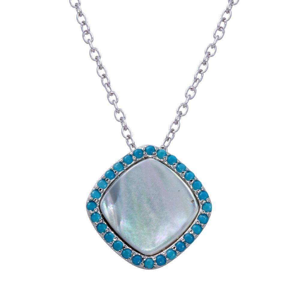 Rhodium Plated 925 Sterling Silver Square Opal Pendant Necklace with CZ - STP01650BLU