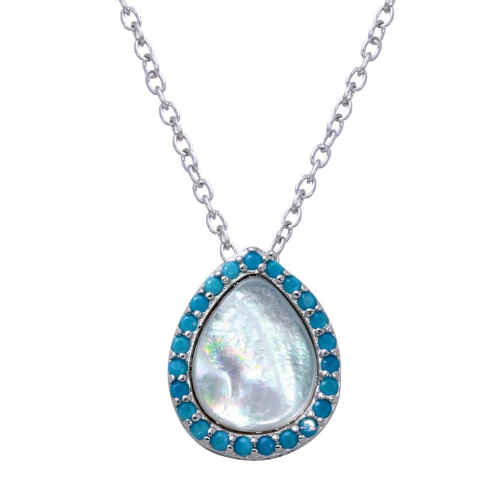 Rhodium Plated 925 Sterling Silver Opal Teardrop Pendant Necklace with Blue CZ - STP01651BLU