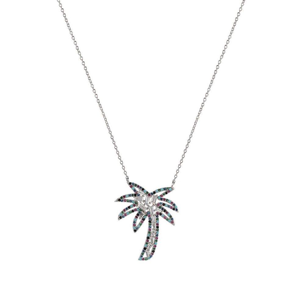 Rhodium Plated 925 Sterling Silver Multi Color CZ Palm Tree Necklace - STP01655