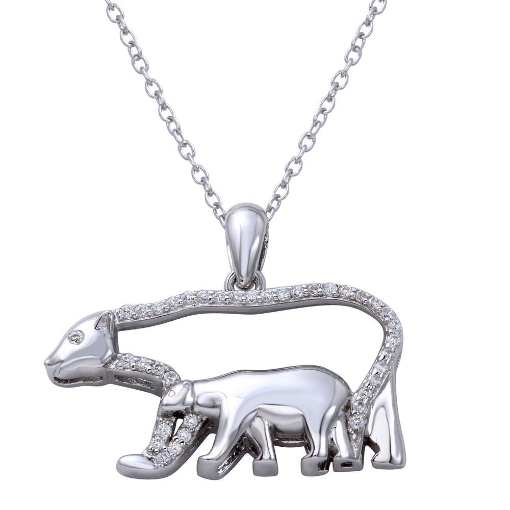 Rhodium Plated 925 Sterling Silver Bears Necklace with CZ - STP01657