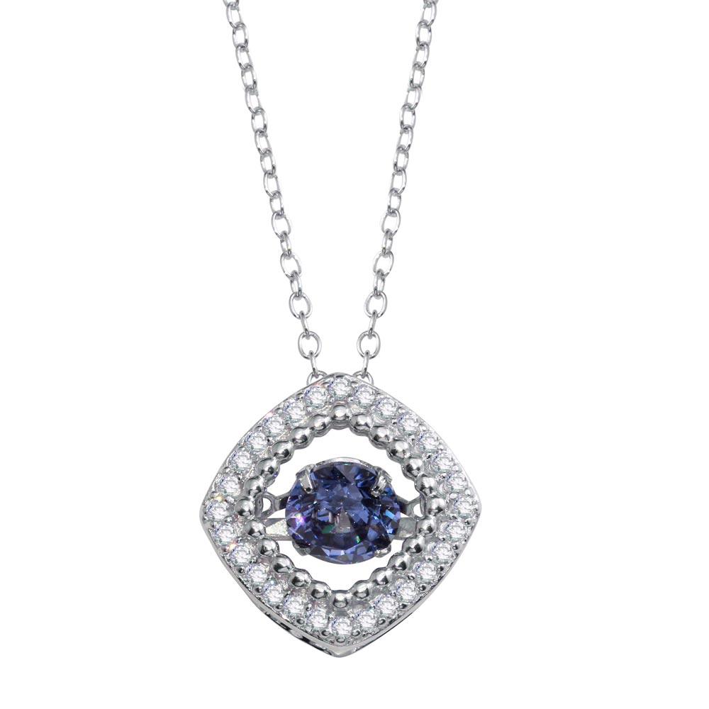 Rhodium Plated 925 Sterling Silver Open Rhombus Necklace with Dancing CZ - STP01659BLU