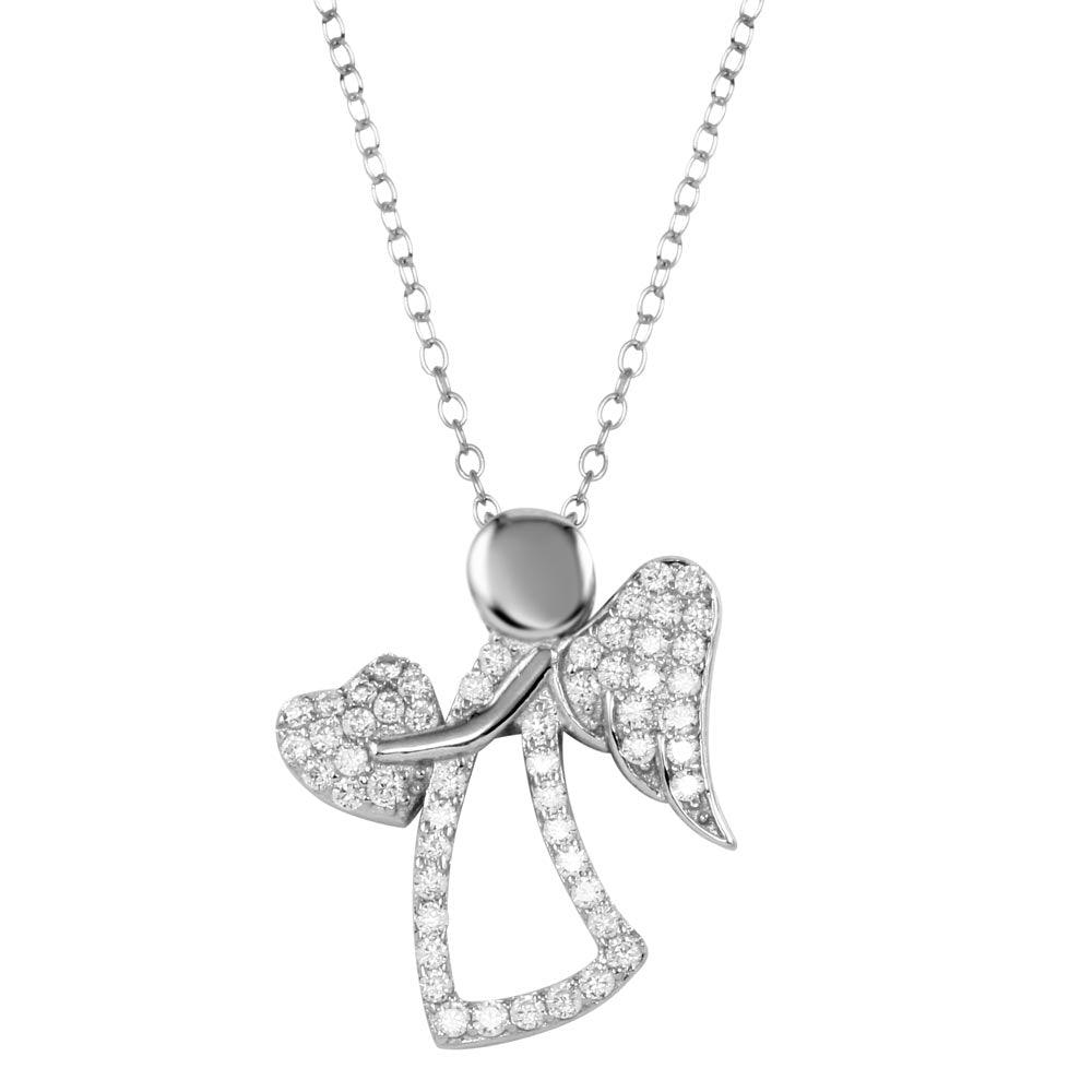 Rhodium Plated 925 Sterling Silver CZ Angel with Heart and Wings - STP01661