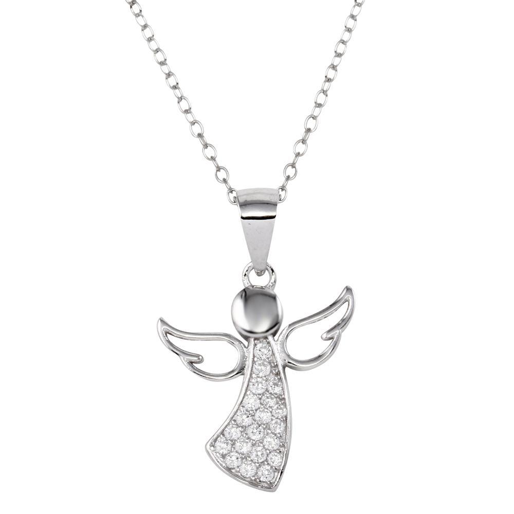 Rhodium Plated 925 Sterling Silver Angel Pendant Necklace with CZ - STP01662