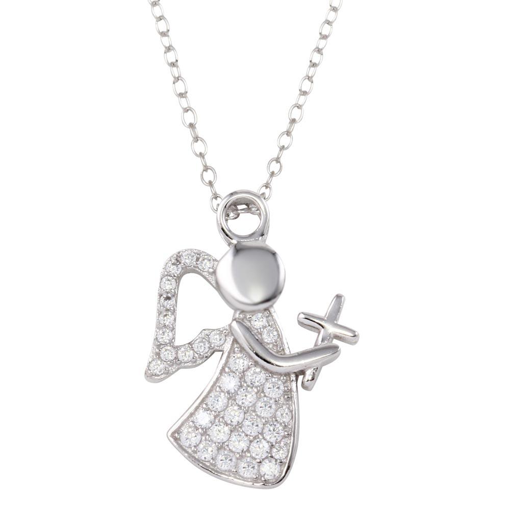 Rhodium Plated 925 Sterling Silver CZ Angel with Cross and Wings - STP01663