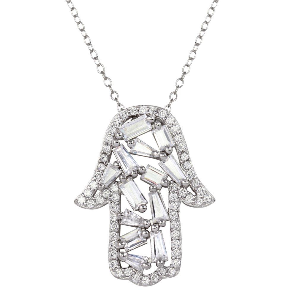 Rhodium Plated 925 Sterling Silver Hamsa Pendant Necklace with CZ - STP01666