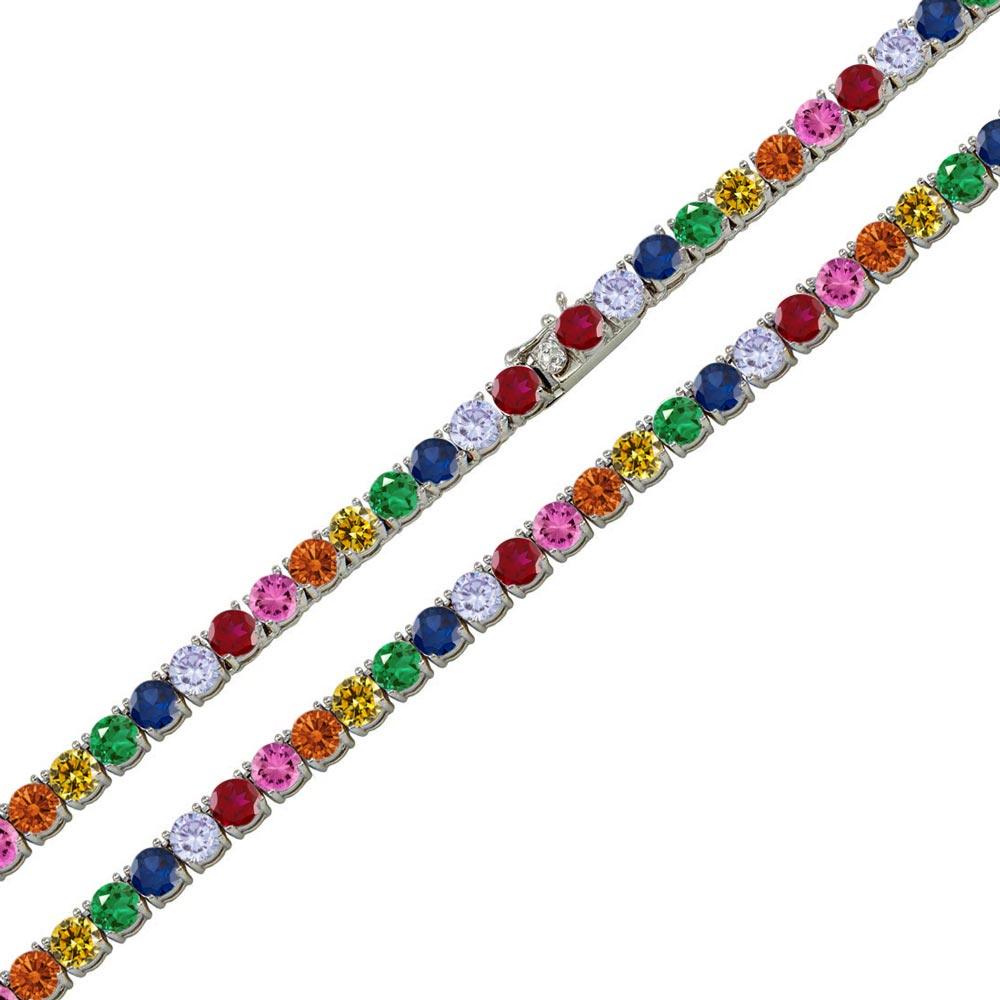 Rhodium Plated 925 Sterling Silver Rainbow Round CZ Tennis Necklace 4mm - STP01676RB