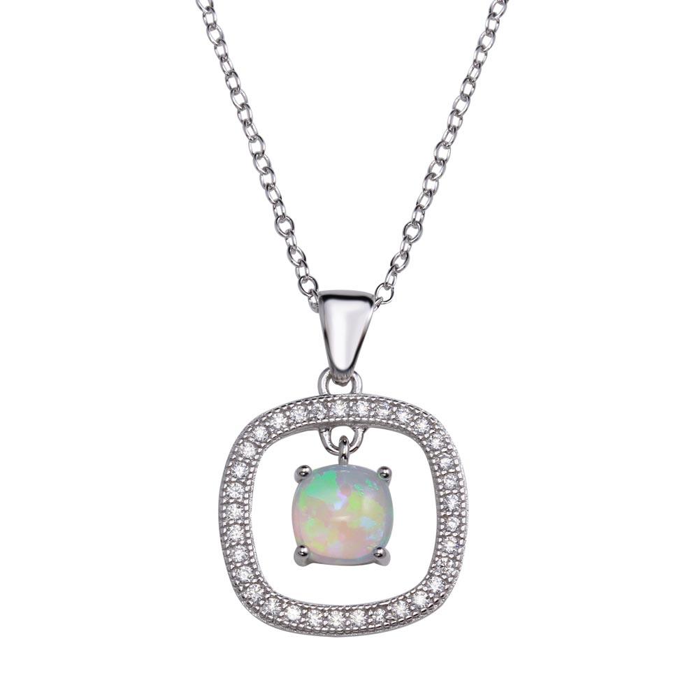 Rhodium Plated 925 Sterling Silver Open Rounded Square Pendant Necklace with Synthetic Opal and CZ - STP01680RH