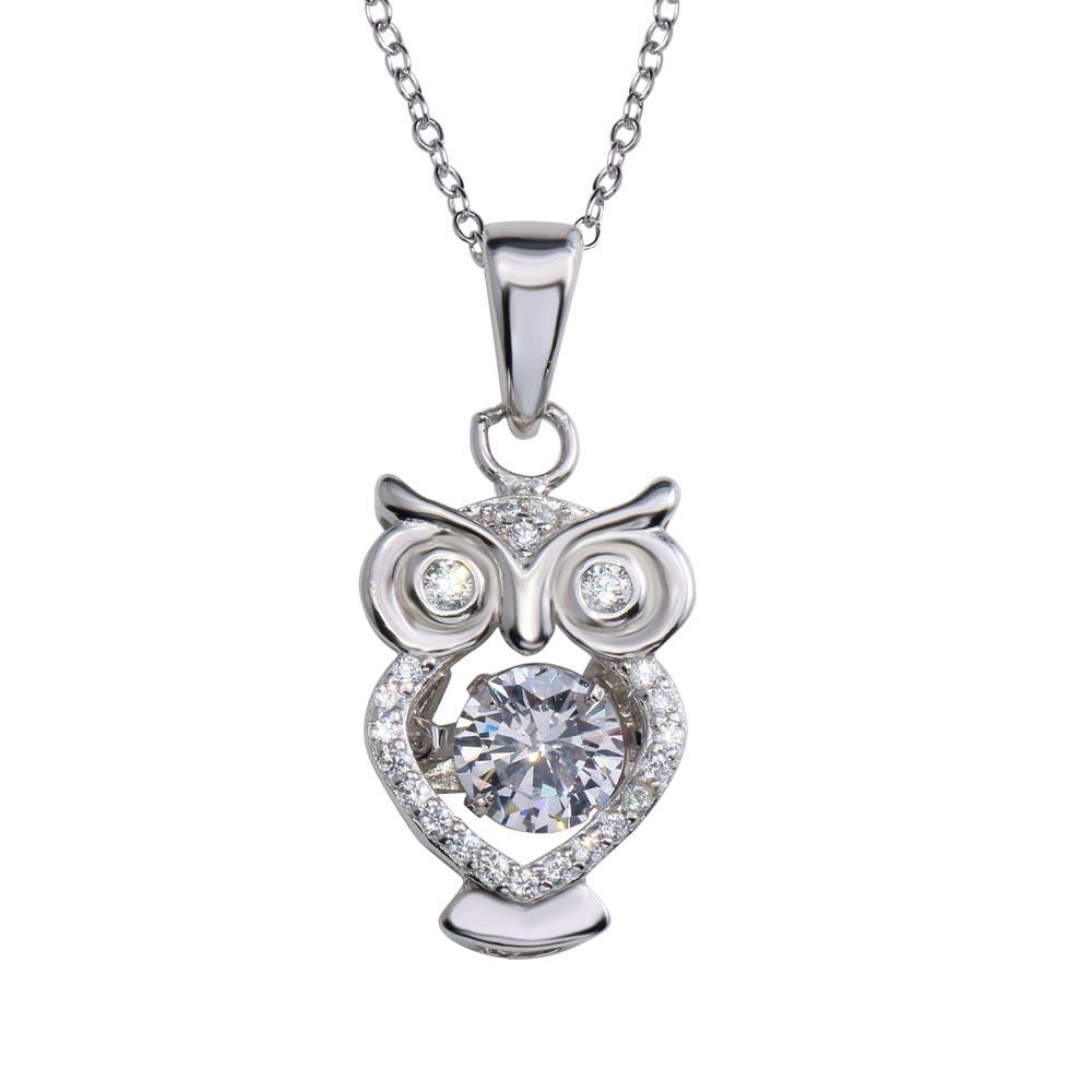 Rhodium Plated 925 Sterling Silver Owl Pendant Necklace with Dancing CZ - STP01683RH