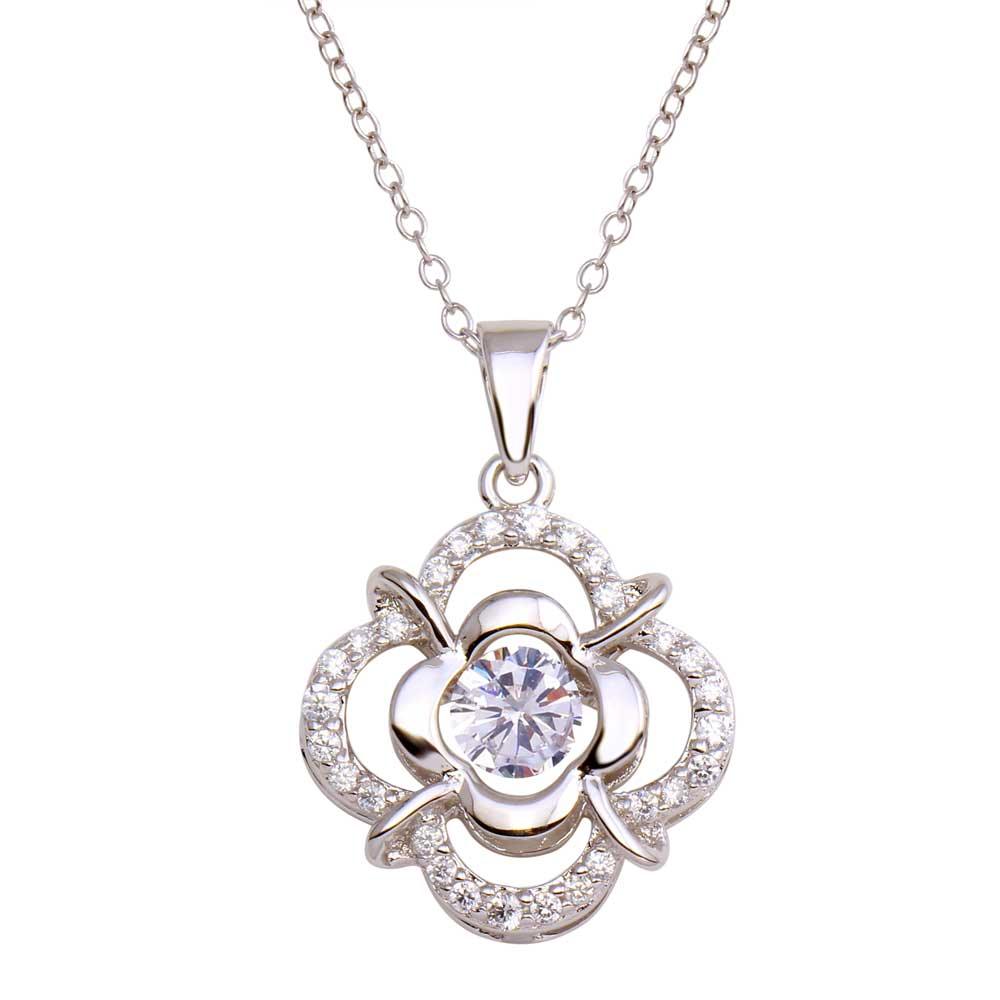 Rhodium Plated 925 Sterling Silver Open Flower Dancing CZ Necklace - STP01693