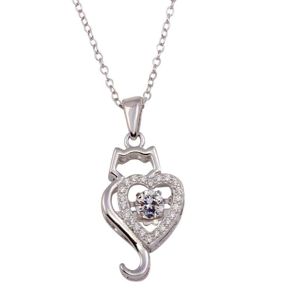 Rhodium Plated 925 Sterling Silver Dancing CZ Heart Cat Necklace - STP01695