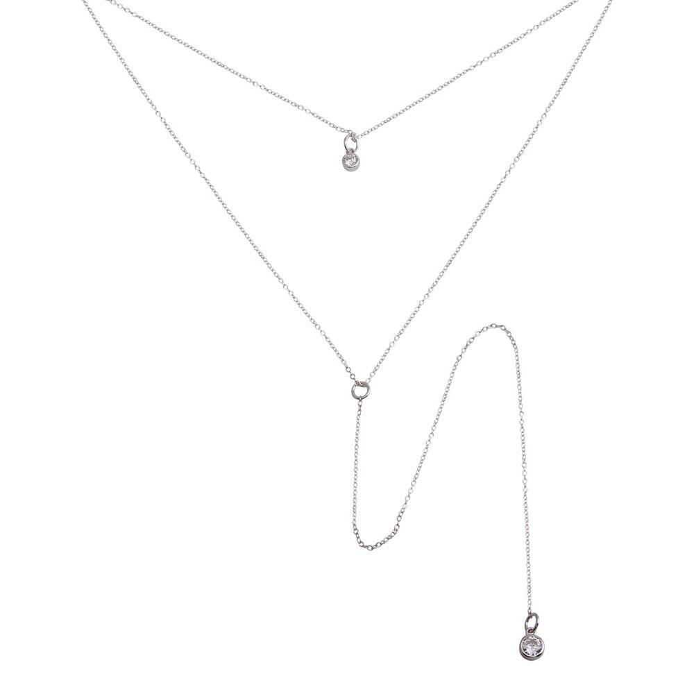 Rhodium Plated 925 Sterling Silver Double Chain Drop Necklace with CZ - STP01698RH