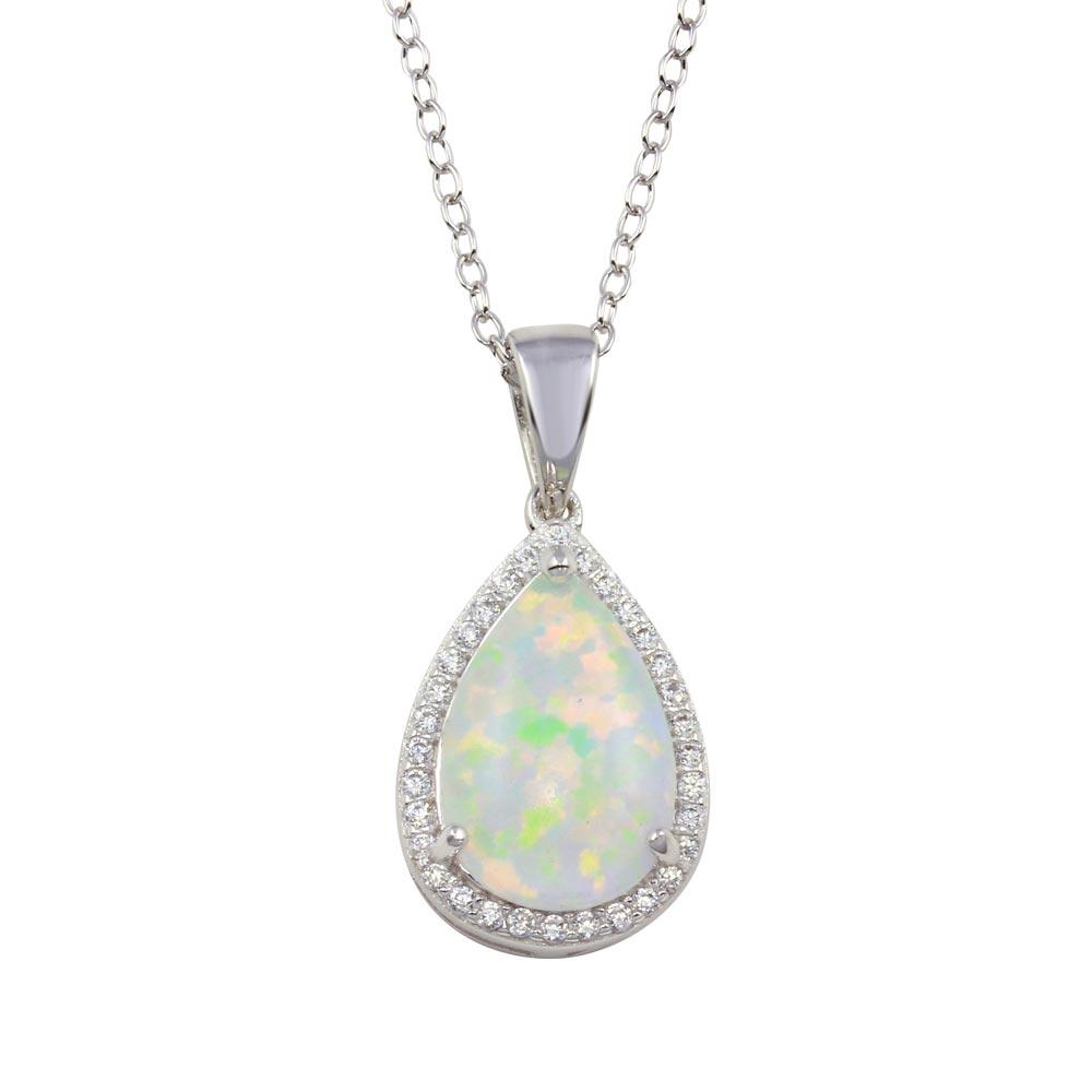 Rhodium Plated 925 Sterling Silver Teardrop Synthetic Opal Pendant Necklace with CZ - STP01711