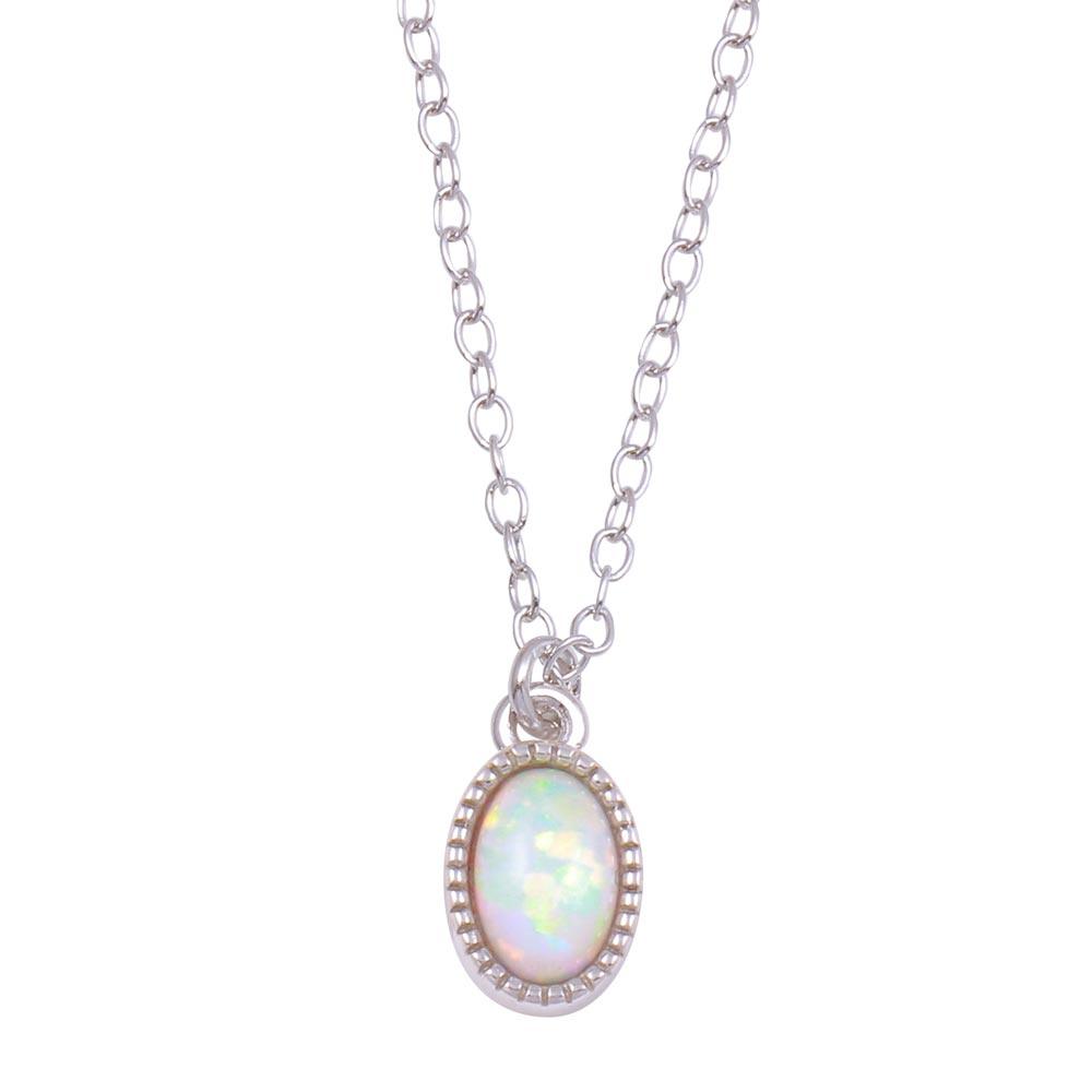 Rhodium Plated 925 Sterling Silver Oval Synthetic Opal Necklace - STP01712