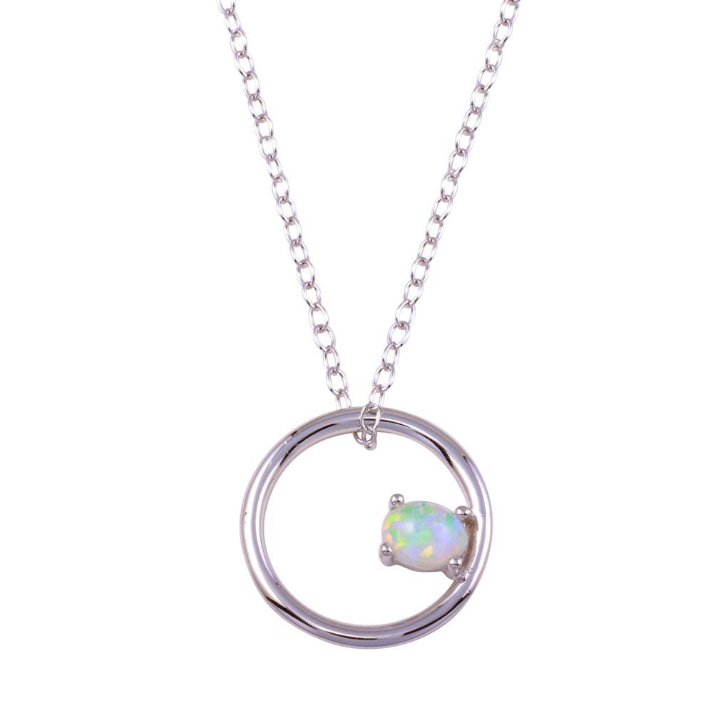 Rhodium Plated 925 Sterling Silver Open Circle Synthetic Opal Necklace - STP01713