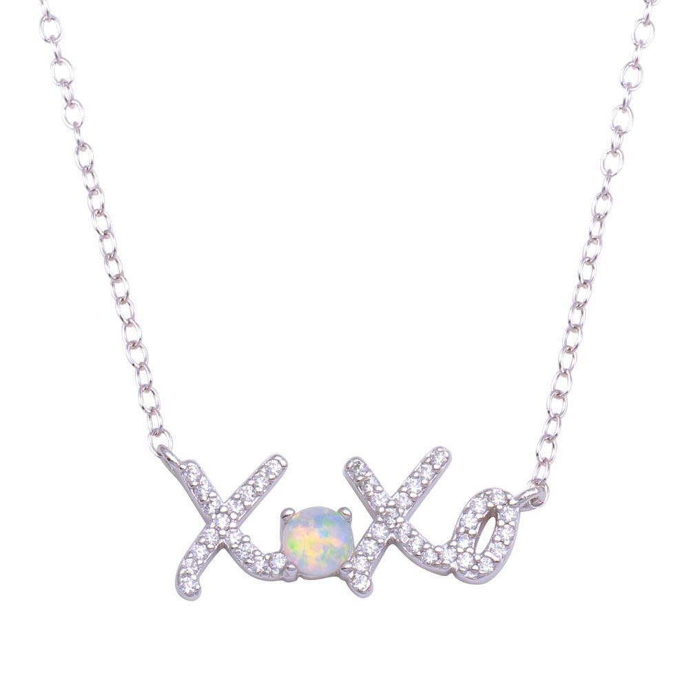 Rhodium Plated 925 Sterling Silver Round XOXO CZ Synthetic Opal Necklace - STP01715