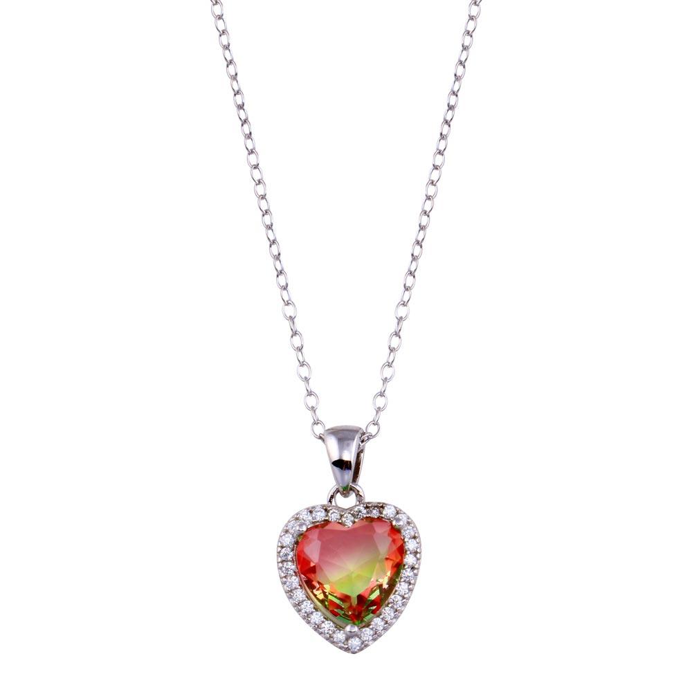 Rhodium Plated 925 Sterling Silver Halo Red and Green Gradient Heart CZ Necklace - STP01727