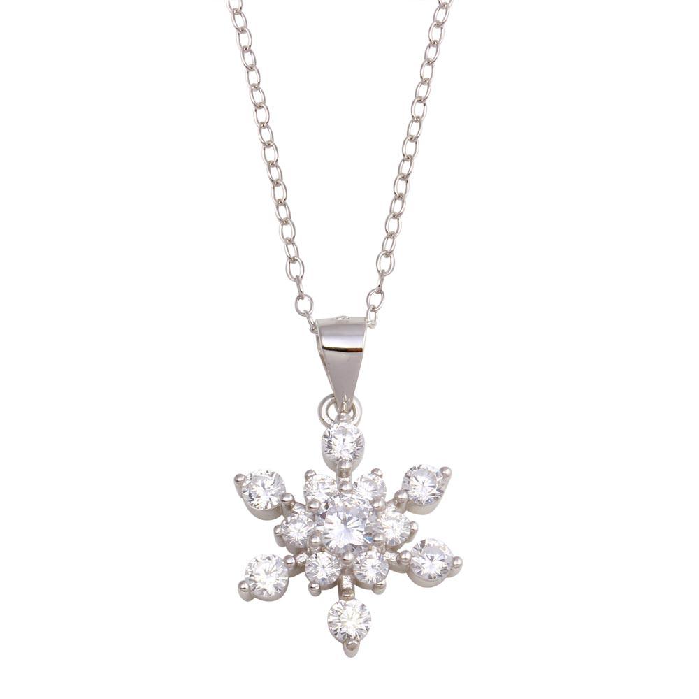 Rhodium Plated 925 Sterling Silver Snow Flakes CZ Necklace - STP01729