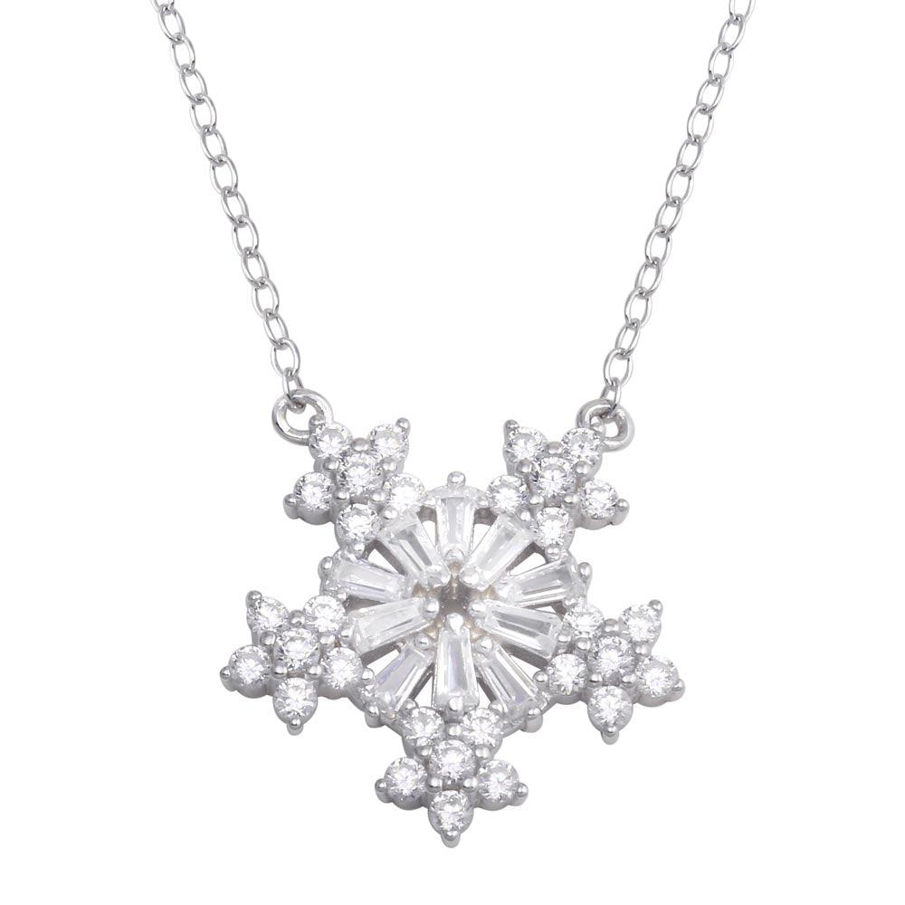 Rhodium Plated 925 Sterling Silver Snow Flakes CZ Necklace - STP01731