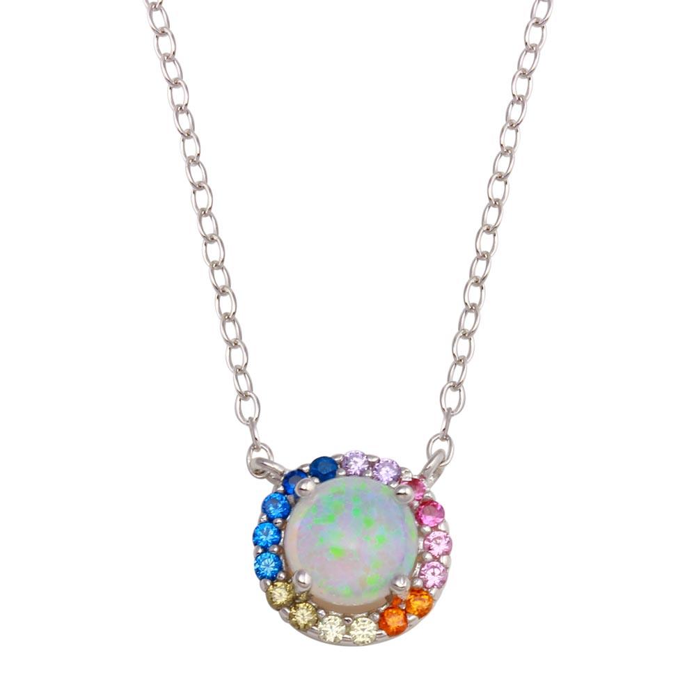 Rhodium Plated 925 Sterling Silver Rainbow Multi Color CZ Opal Round Necklace - STP01737