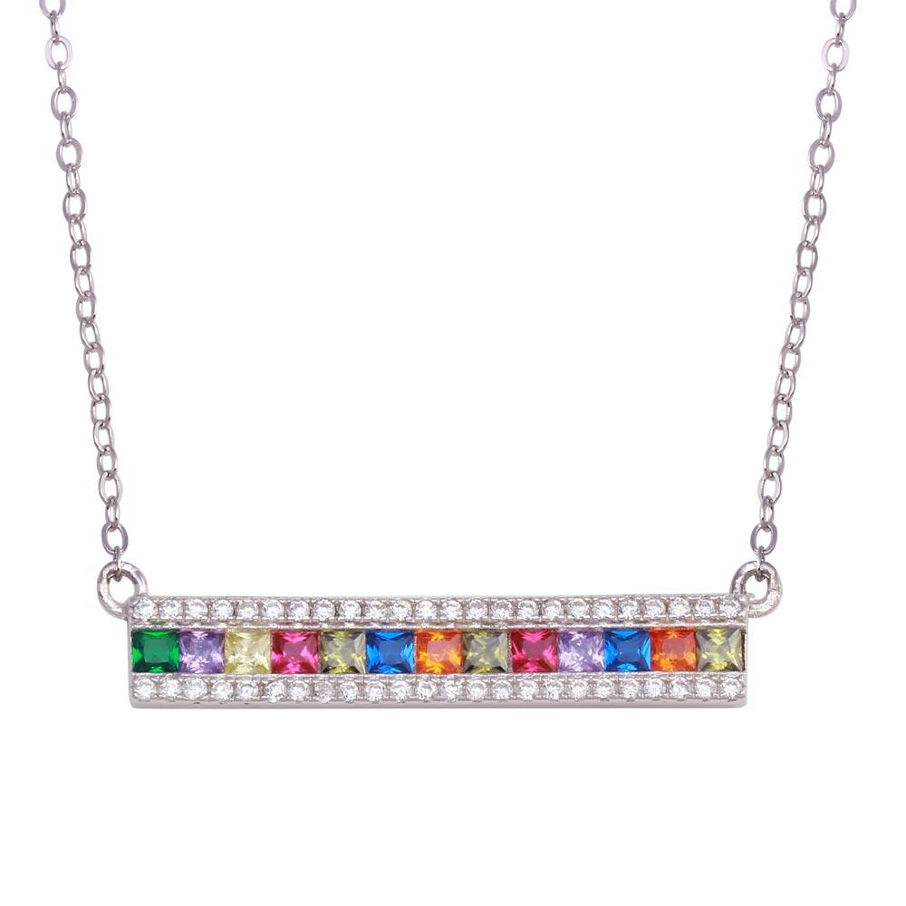 Rhodium Plated 925 Sterling Silver Rainbow Multi Color CZ Bar Necklace - STP01740